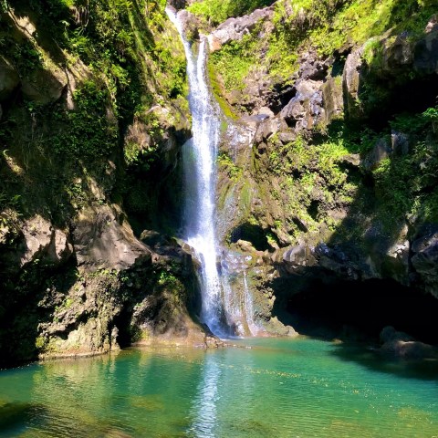 Tall waterfall flowing into a turquoise pool surrounded by lush greenery.
