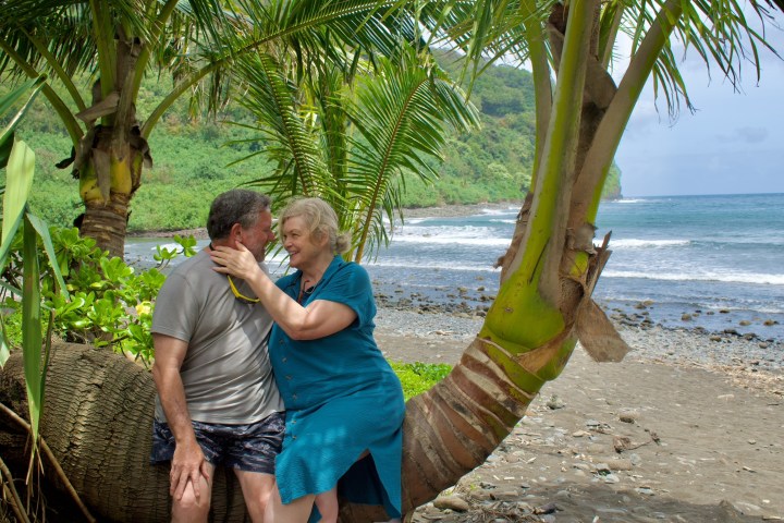 Couple smiling and embracing under palm trees near a beach.