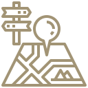 Line drawing of a map with a marker and a signpost.