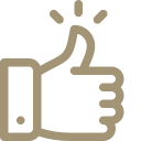 Brown line art of a thumbs-up hand gesture with motion lines.