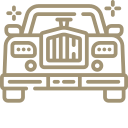 Line art of a vintage car with a prominent grille and headlights, sparkling detail above.